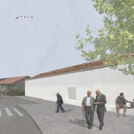 Community center emphasizing sustainability with cross-laminated timber and charred wooden shingles  