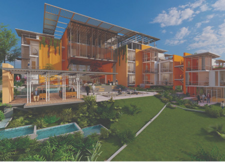 Elderly living community featuring large glass facades and sustainable concrete elements