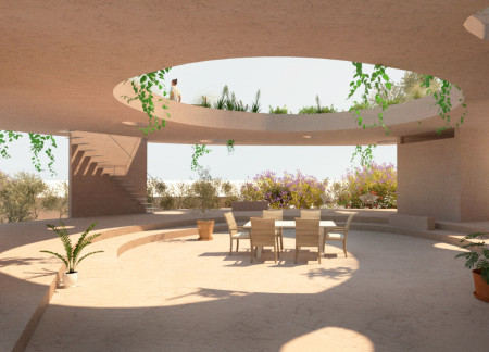Terraced Concrete Structure with Integrated Nature and Local Stone Elements  
