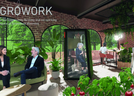Vertical Farming Integrated Within Exposed Brick Facade in Modern Co-Working Space