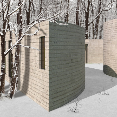 Curved Concrete Wellness Studio Embracing Locally-Sourced Timber in a Snowy Landscape
