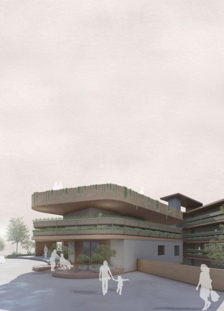 Charred Wooden Shingles and Cross-Laminated Timber Define a Sustainable Community Living Space  