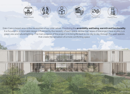 Rotatable Wooden Panels and Sustainable Materials Define A Grounded Community Space For Elderly Care