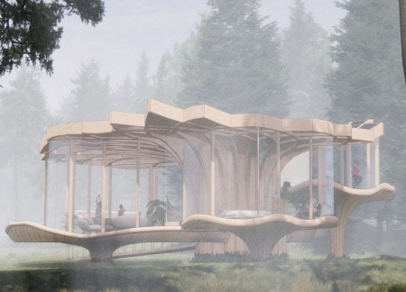 Fibonacci-Inspired Canopy Elevating Charred Wood Structure Over Bogs  