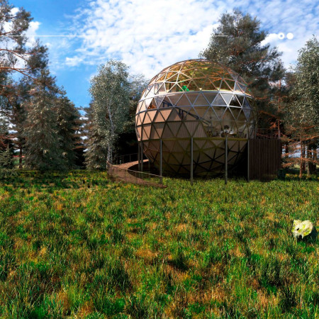 Spherical Geodesic Structure Embracing Natural Lighting With Transparent Glass And Sustainable Timber Framework  