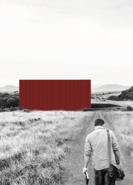 Vibrant Red Facade and Elegant Wooden Bookcase Create an Engaging Communal Retreat