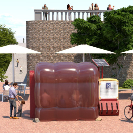 Mobile library featuring inflatable modules and sustainable photovoltaic panels in urban spaces  