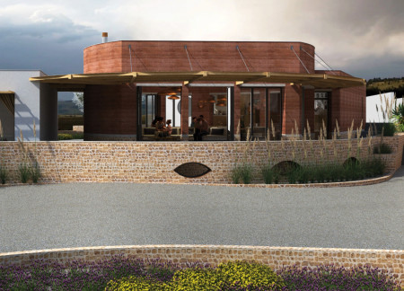 Corten Steel Facade and Rammed Earth Walls Enveloping a Community Hub for Olive Oil Production