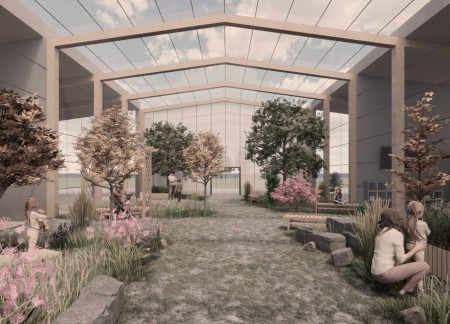 Transparent Glass Roof Supported by Cross-Laminated Timber Panels and Charred Wooden Shingles for a Healing Community Space  