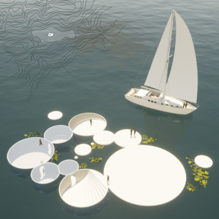 Floating Community Spaces with Reinforced Concrete and Sustainable Wood Integration