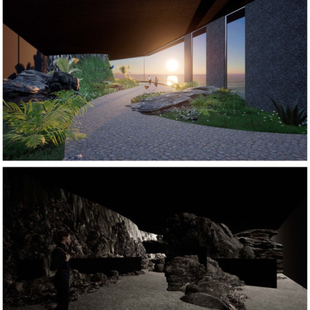 Natural Stone Integration With Concrete Cantilevers Over Ocean Views  