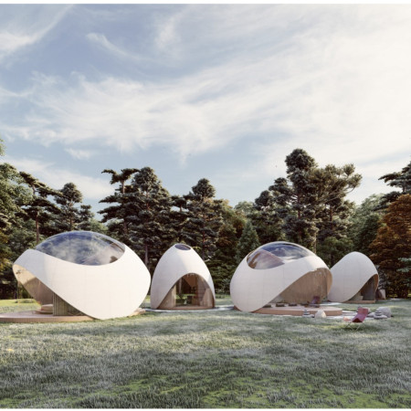 Curved Domes of Glass Fiber-Reinforced Cement and Natural Pine in a Mindful Retreat Setting