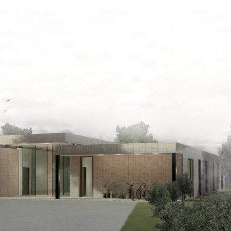Plastered Limestone Sanctuary With Expansive Glass Openings in a Rustic Olive Grove  