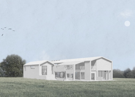Triangular Design Featuring Permeable Surfaces and Natural Wood Elements in a Residential Retreat