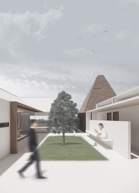 Charred Brick Prayer Room With Central Hearth in a Sustainable Community Guest House  