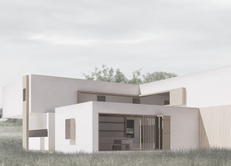 Natural Light and Community Focus Highlighting White Concrete and Glass in a Harmonious Guesthouse Design