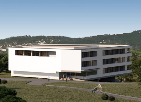 Elderly living facility with cross-laminated timber panels and integrated natural landscapes