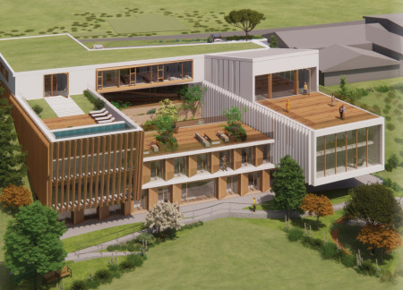 Community hub featuring exposed concrete and living walls in a sustainable urban setting