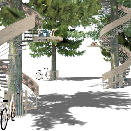 Spiral Form Embracing a Tree Trunk with Steel and Wood Elements in a Community Reading Space