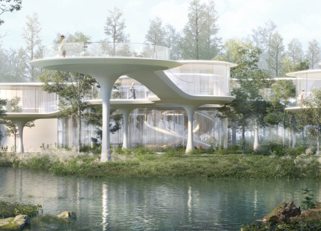 Curved Glass Facade and White Metal Panels Enhancing Community Wellness in a Forest Setting