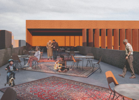 Exposed Concrete and Natural Stone Create Inviting Social Spaces in a Community-Focused Residential Design