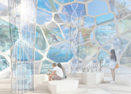 Floating Structure Crafted from Translucent Glass and Fiberglass Columns Integrating Health and Community Functions