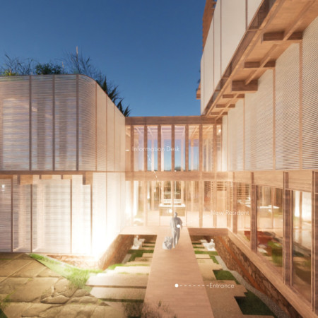 Community Living Space Emphasizing Cross-Laminated Timber and Charred Wooden Shingles for Sustainable Design