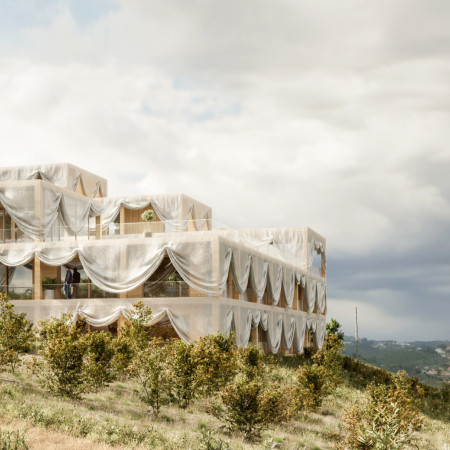 Community residence featuring warm pine wood and dynamic metal shading elements within a sustainable landscape  