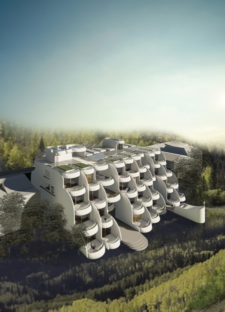 Geothermal Heating and Green Roofs Enhance Community Living in Sustainable Concrete and Glass Structure