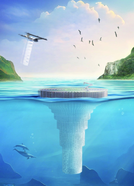 Cylindrical Repository with Reinforced Concrete and Panoramic Glass Amidst Oceanic Depths