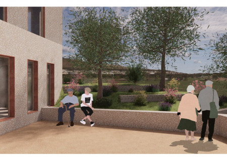 Elderly residence featuring limestone façade and native plant landscaping for enhanced community connection