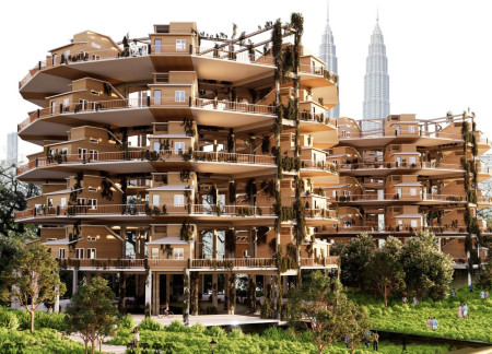 Curved Structure Featuring Pressed Timber Panels and Shared Green Spaces in Urban Living