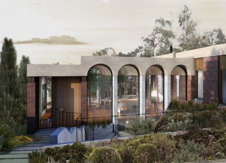Guest house featuring thermal brick walls and a green roof for enhanced sustainability  
