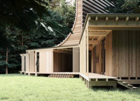 Sinuous Forms of Charred Wood and Glass Create a Community Wellness Retreat