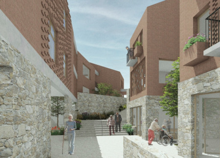 Natural Stone and Clay Tile Housing Designed for Senior Living Community