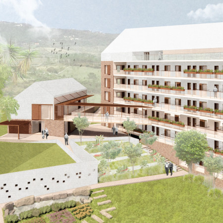Charred Wooden Shingles and Green Roofing in a Community-Oriented Senior Residence  