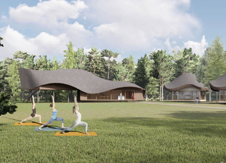 Curvilinear Yoga Pavilion Crafted from Cross-Laminated Timber and Slate in a Latvian Forest  