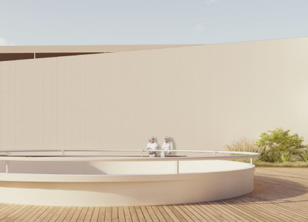 Curved Structure Featuring Natural Wood Finishes and Therapeutic Gardens for Senior Living