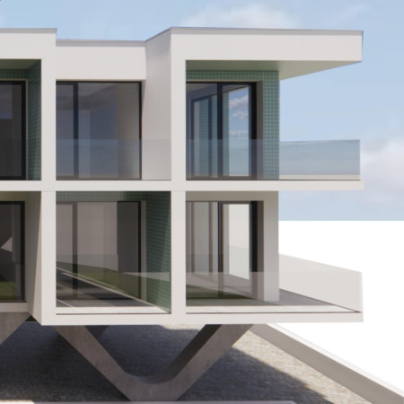Courtyard-Centered Residence Featuring Blue Tiles and Exposed Concrete for Supportive Elder Living