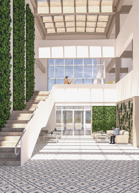 Vertical Gardens and Concrete Structure Create Harmony in Senior Living Spaces