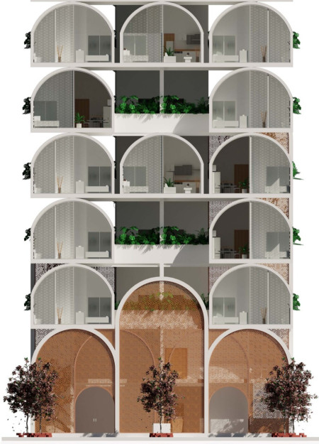 Charred Wood Facade and Glass Stacking Design for Community Living