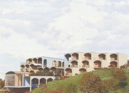 Curved Arches and Natural Light Enhance A Sustainable Residence for Seniors Using Durable Sandstone and Ceramic Finishes