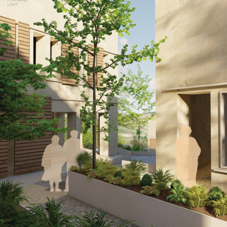 Elderly Living Community Featuring Local Stone and Green Roofing Solutions  