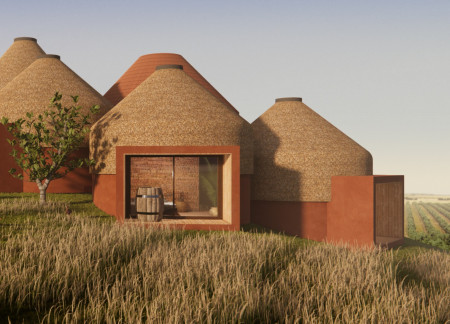 Thatched Roof Domes Crafted with Clay Bricks and Natural Materials for a Community Hub