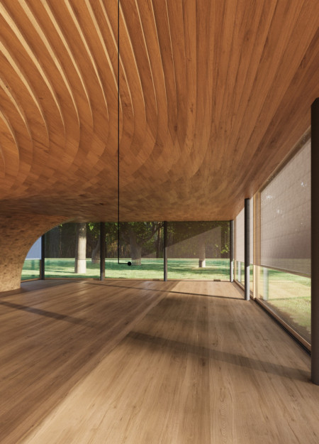 Yoga shelter featuring yakisugi-treated wood and sustainable design in a forest landscape  