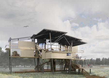Elevated Structure of Stainless Steel and Glass Amidst Birch Woods for Holistic Yoga Retreat  