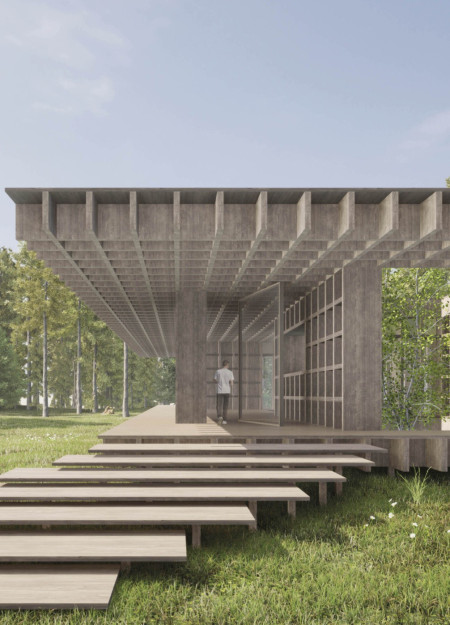 Charred Wooden Shingles and Glass Facades in a Forest Yoga Pavilion  