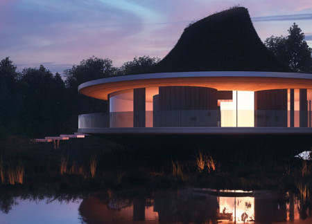 Conical Roof Inspired by Natural Forms with Sustainable Wood Panels for a Tranquil Yoga Retreat  