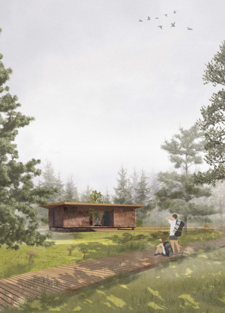 Charred Wood and Thatch Create a Tranquil Retreat Integrated into the Forest Environment  