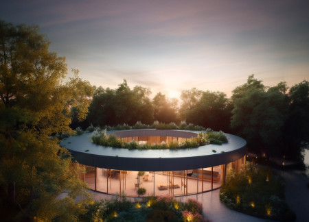 Circular Retreat Crafted with Glass Walls and Natural Wood Accents in a Tranquil Bog Environment